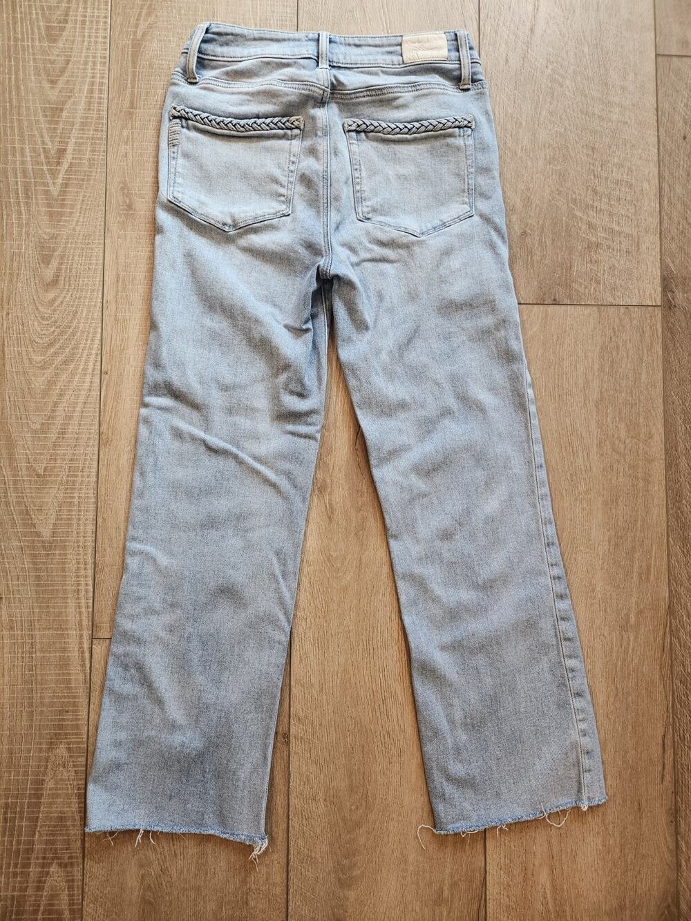PAIGE Atley Ankle Flare Braided Jeans Womens Size 27 Light Wash Raw Hem Frayed